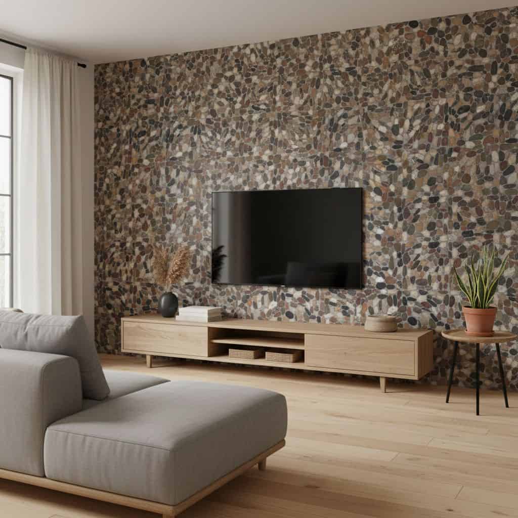 Stone pebble mosaic wall tile with natural earthy tones and textured surface.