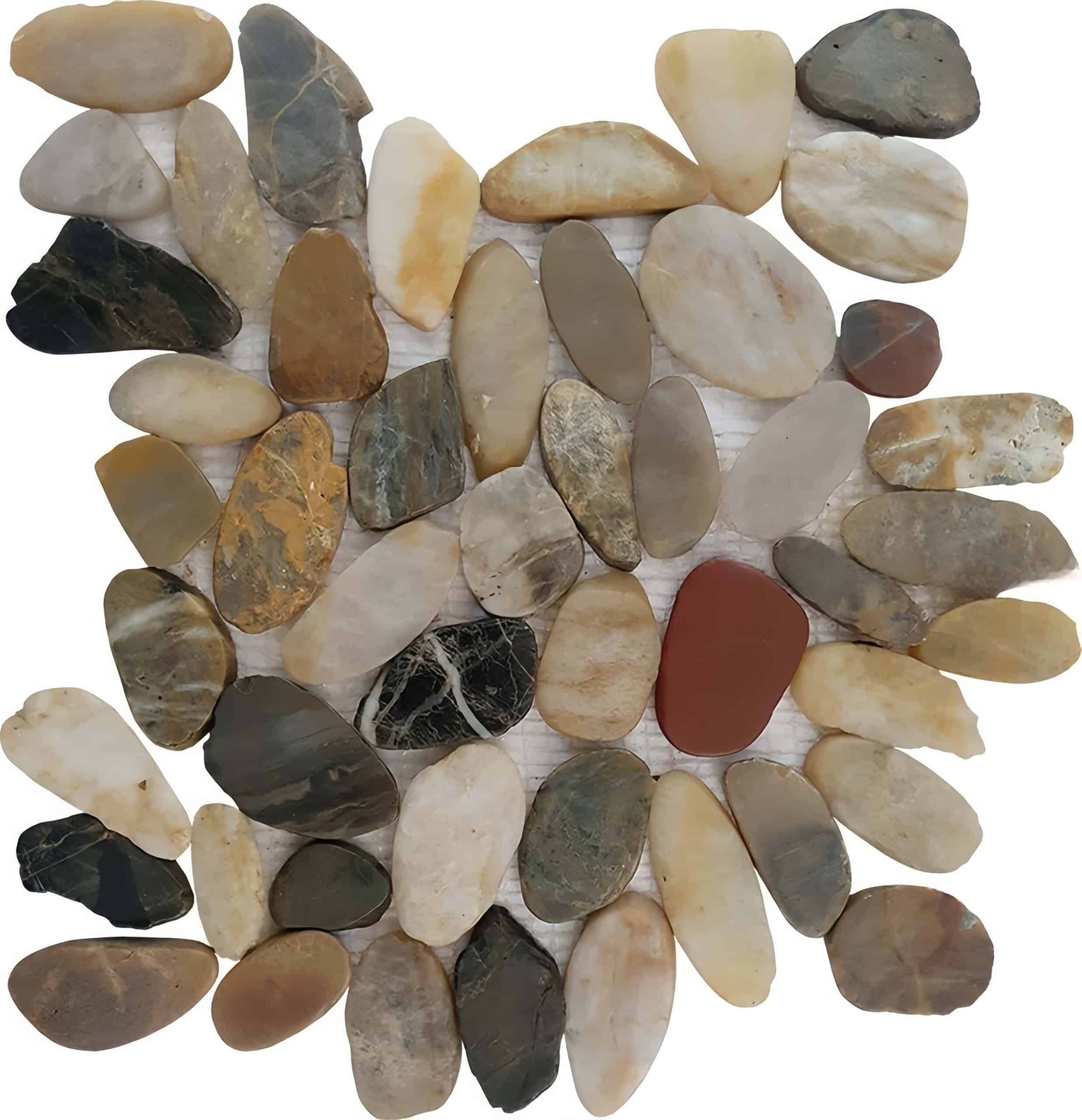 Natural multi-color smooth stone pebbles for tile and home decor.