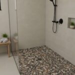 Dark brown, beige, and gray pebble tiles with textured surface for shower floor.