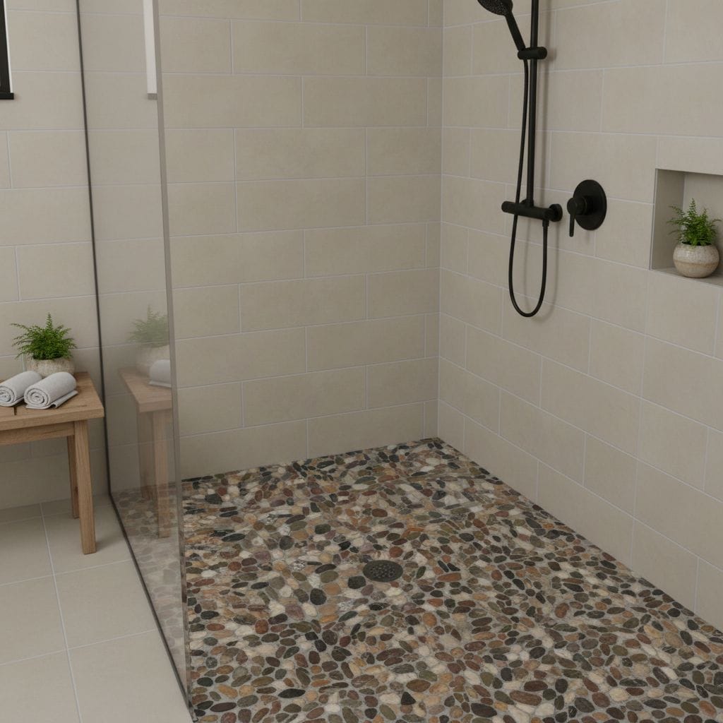Dark brown, beige, and gray pebble tiles with textured surface for shower floor.