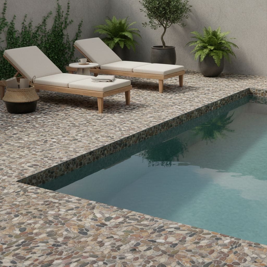 A close-up of a pebble tile pool deck featuring natural stone with multicolor pebbles and textured surface for slip resistanc.