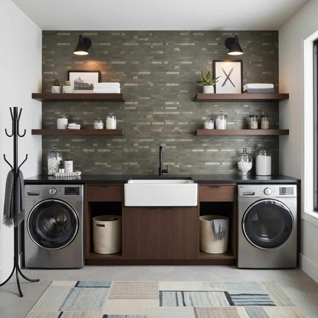 Modern laundry room with peel and stick wall tiles, washer, dryer, and open shelving for storage and decor.