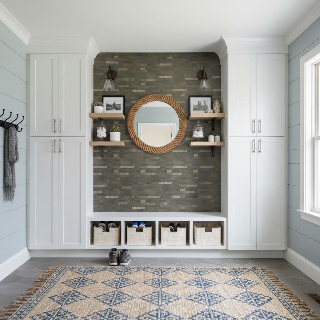 Peel and stick wall tile accent in a modern, light-filled entryway with built-in storage and decorative shelves.
