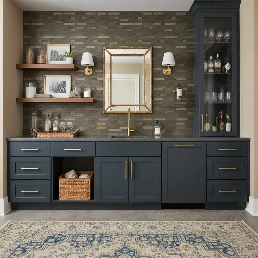 Navy blue kitchen cabinetry with peel and stick wall tile backsplash and open shelving for decor.