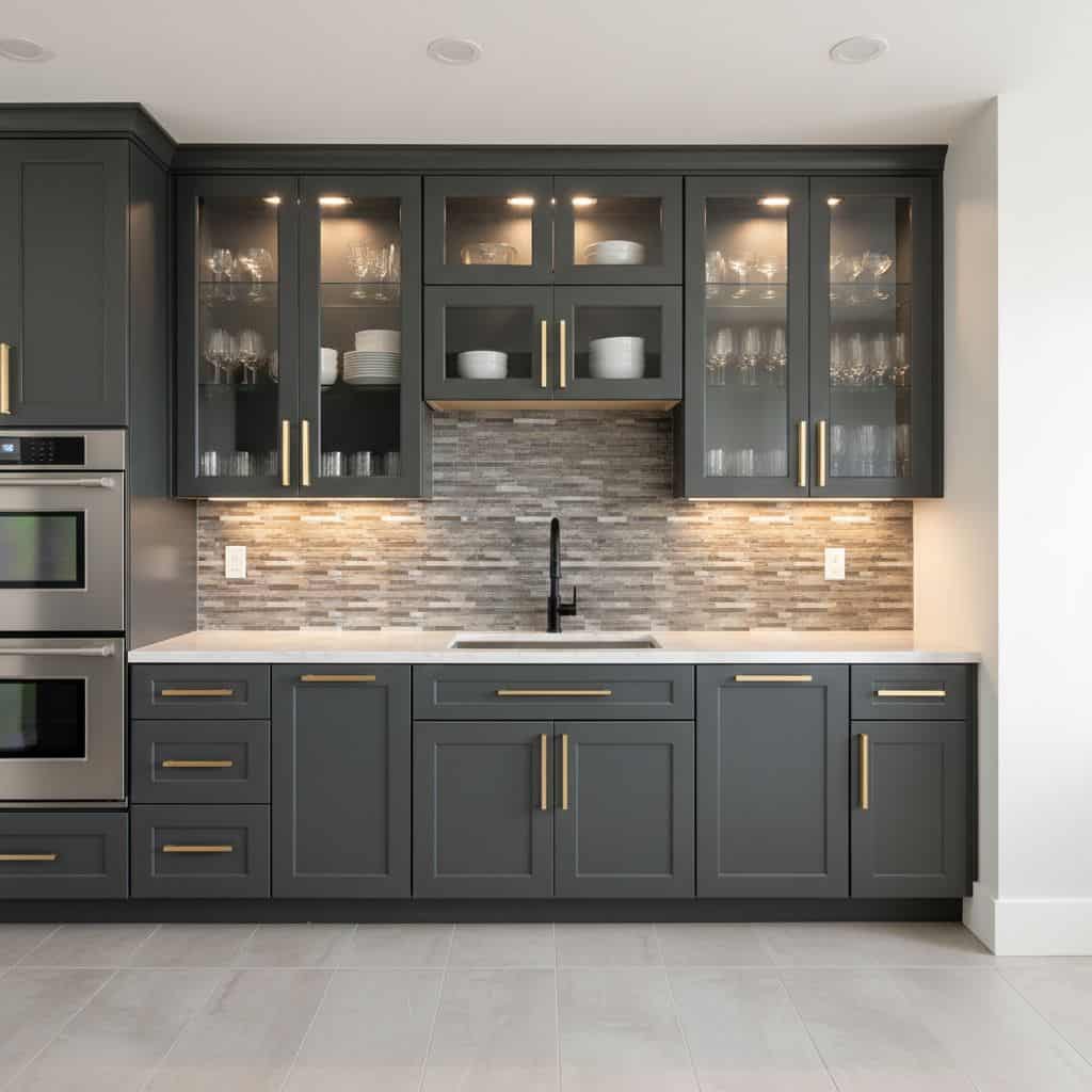 Modern kitchen with peel and stick tile backsplash, dark cabinetry, and under-cabinet lighting.