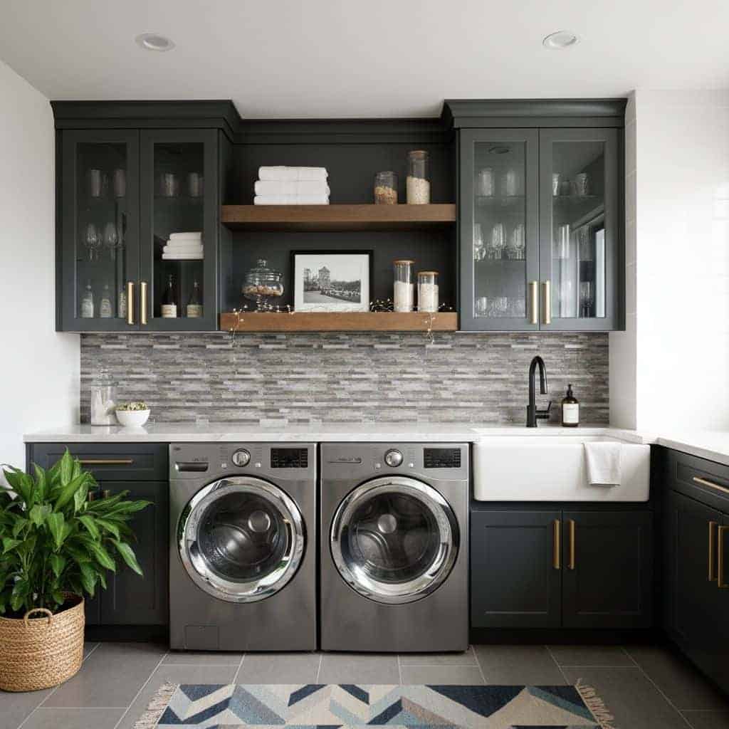 Laundry room featuring peel and stick wall tile backsplash, washer and dryer, and stylish dark cabinets with gold handles.