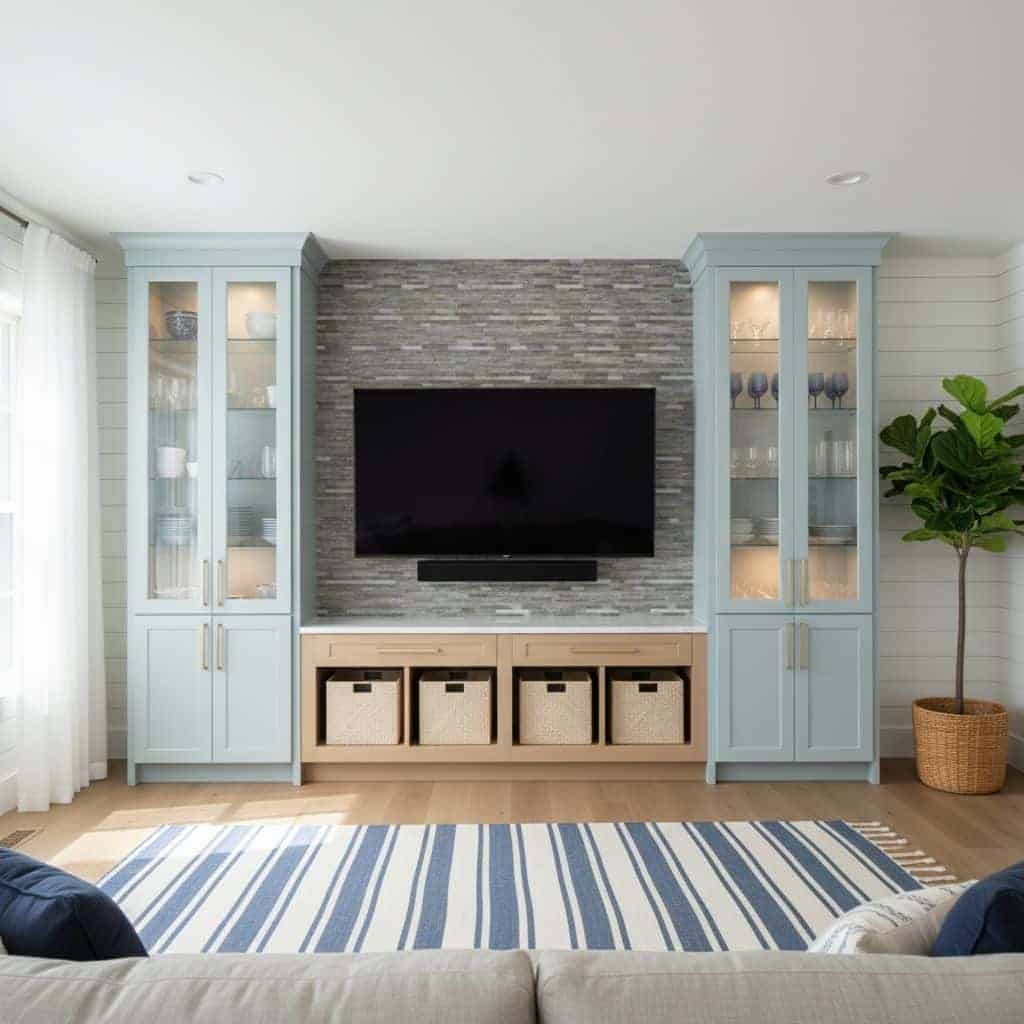 Bright living room with peel and stick tile backsplash behind TV, flanked by light blue cabinets and a potted plant.