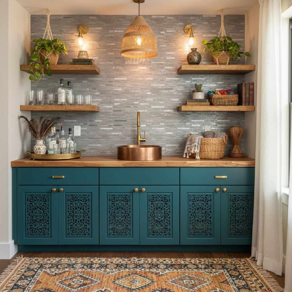 Modern kitchen with peel and stick tile backsplash, teal cabinets, and open wooden shelves.