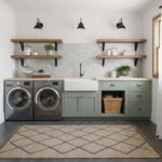 Laundry room with peel and stick tile backsplash, washer and dryer, and open wooden shelves. Bright, clean, and functional ho.