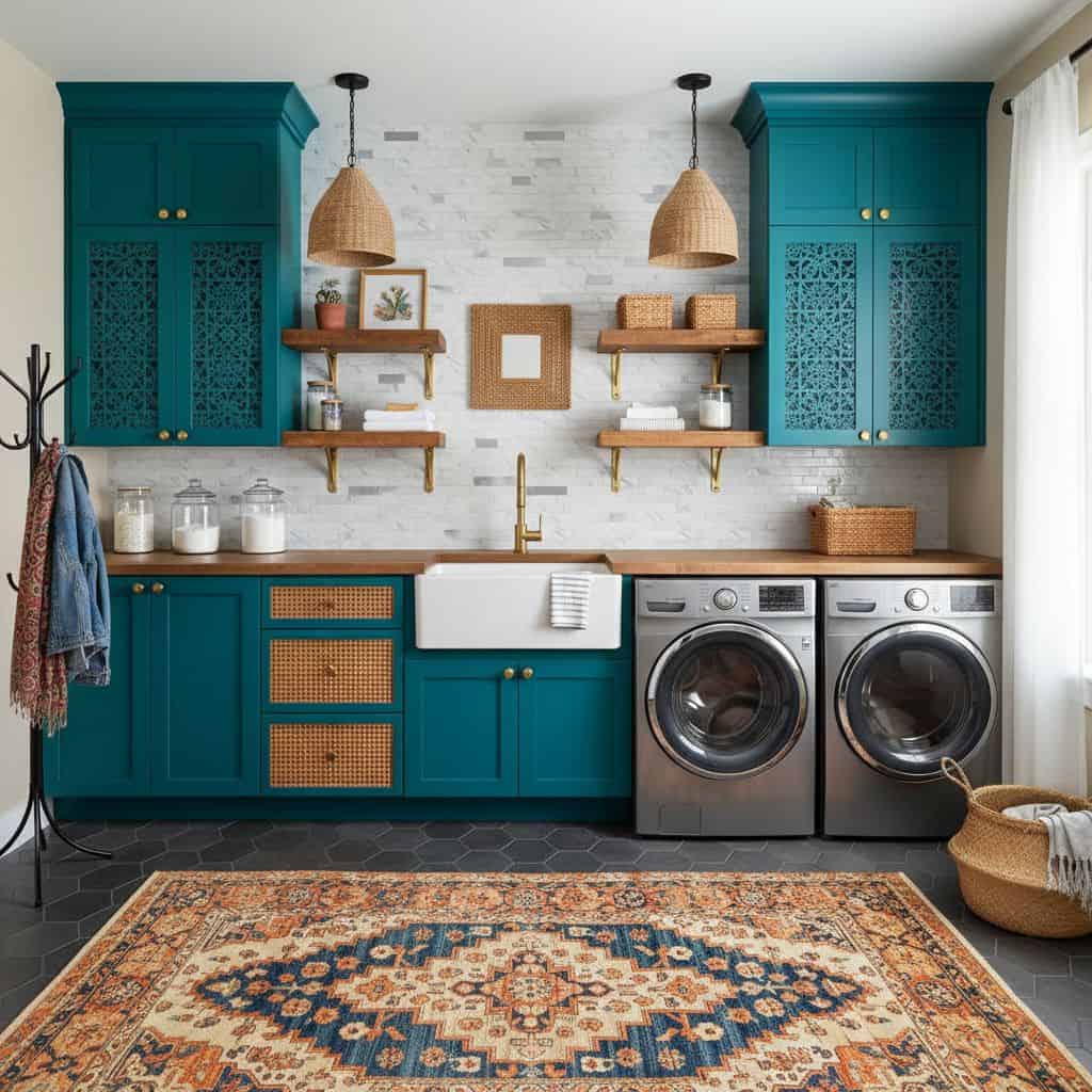 Bright teal peel and stick wall tiles in a modern kitchen with white brick wall and wooden accents.