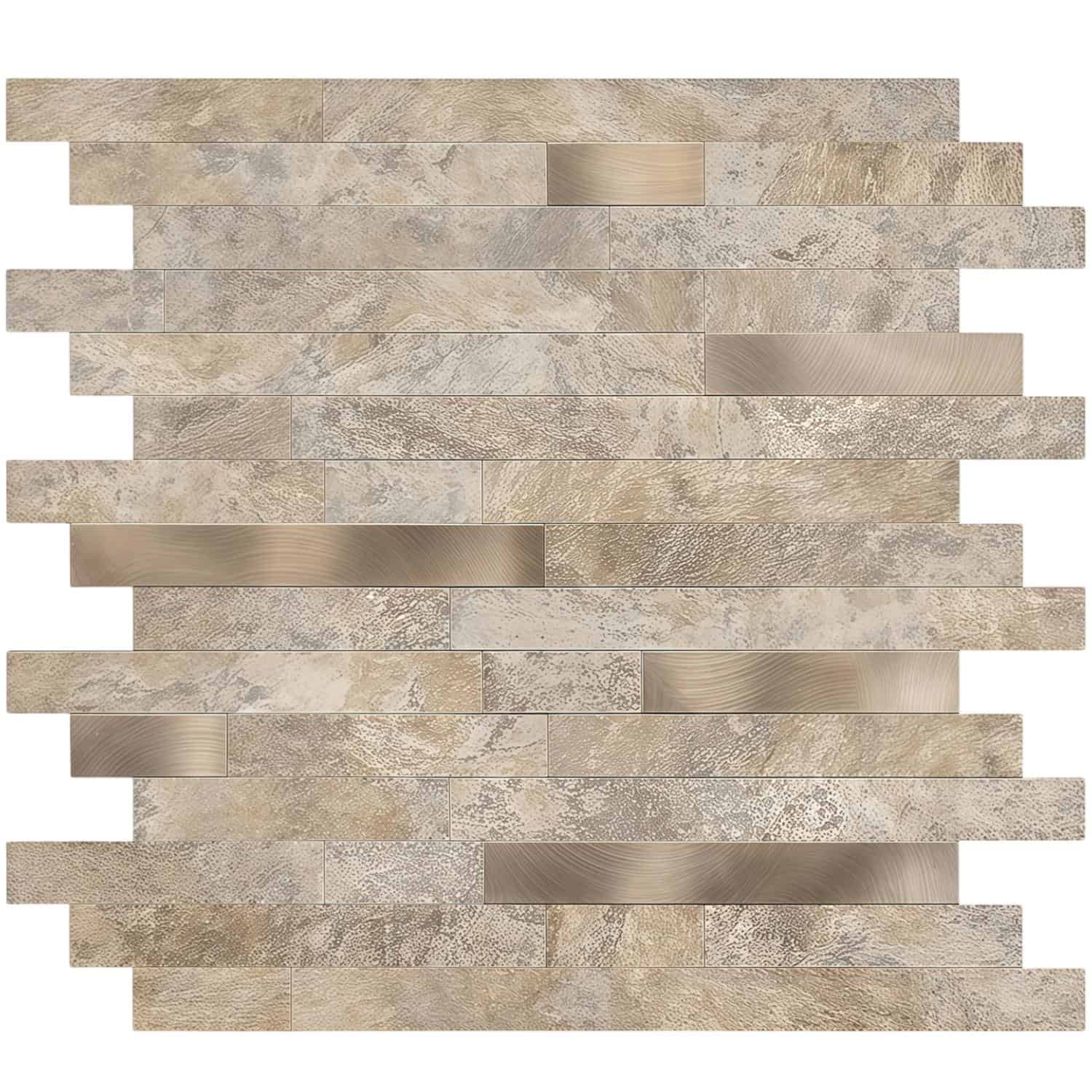 Removable peel and stick tile with a natural stone look for easy wall decoration.