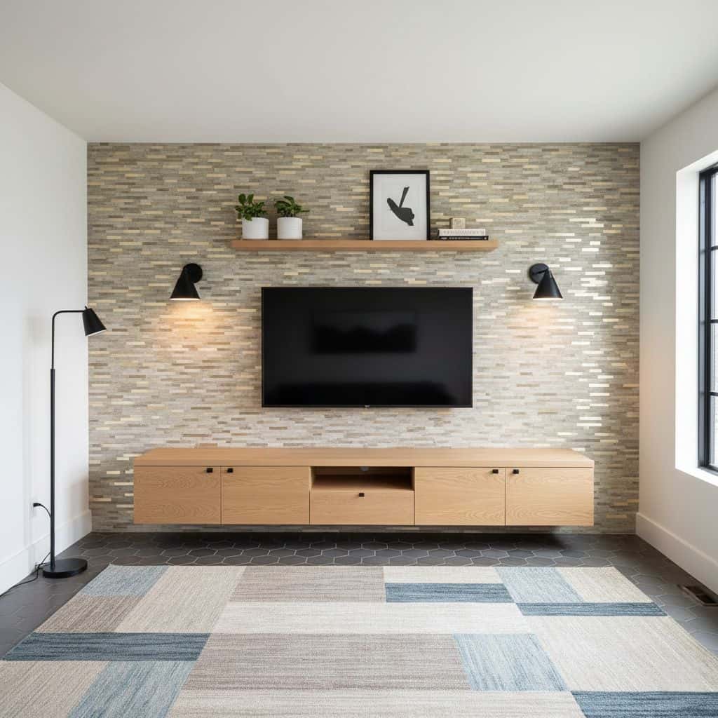 Modern living room with peel and stick wall tiles behind a flat-screen TV, featuring a floating wooden console and minimalist.