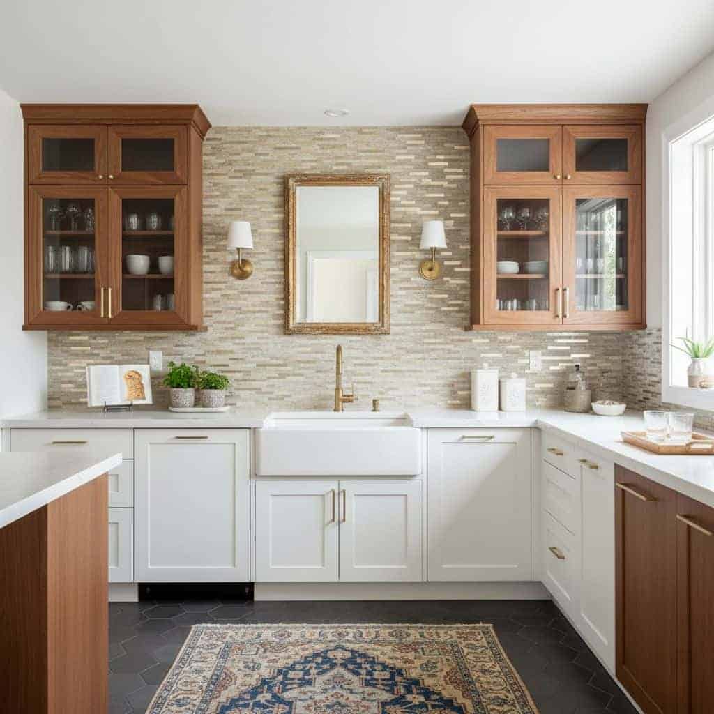 Modern kitchen with peel and stick tile backsplash, white cabinets, and wooden upper cabinets.