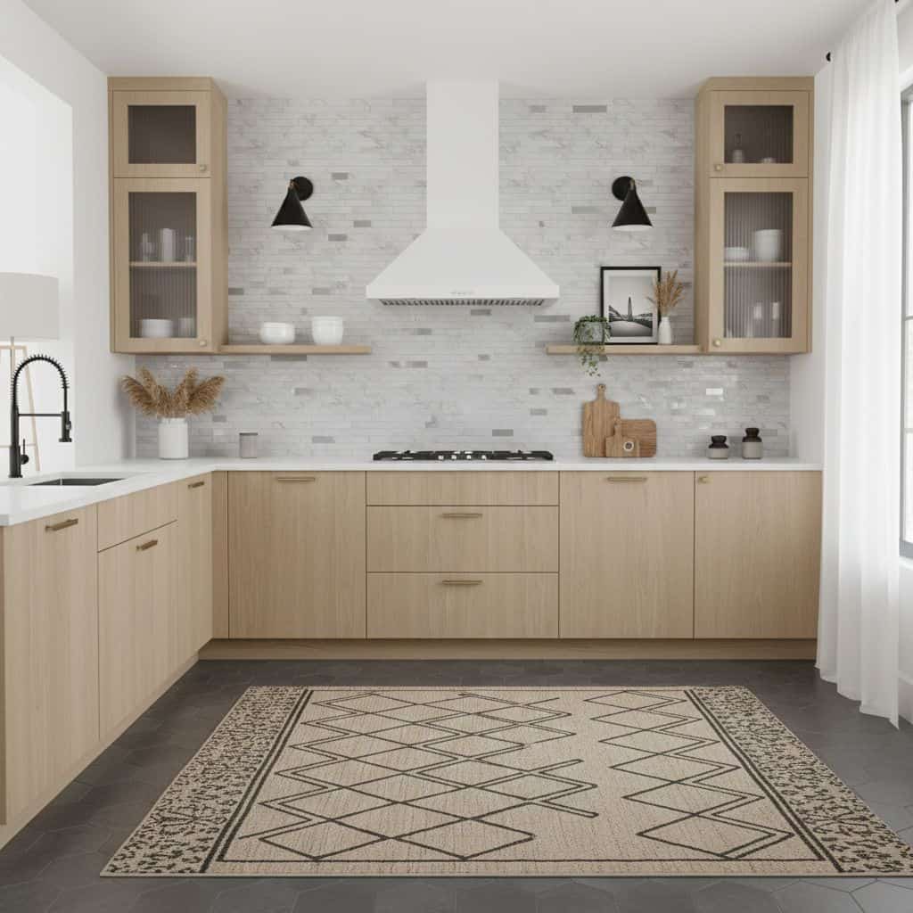 Image of a modern kitchen with peel and stick tile backsplash and light wood cabinets.