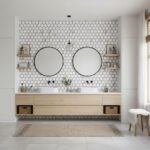 A modern bathroom with peel and stick wall tiles, two round mirrors, and a wooden vanity with storage baskets. Bright, clean,.