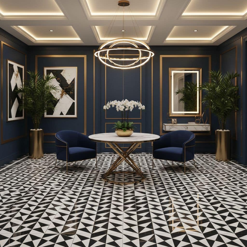 Elegant room with navy blue walls, gold accents, and black-and-white geometric patterned floor tiles. Features a round table,.