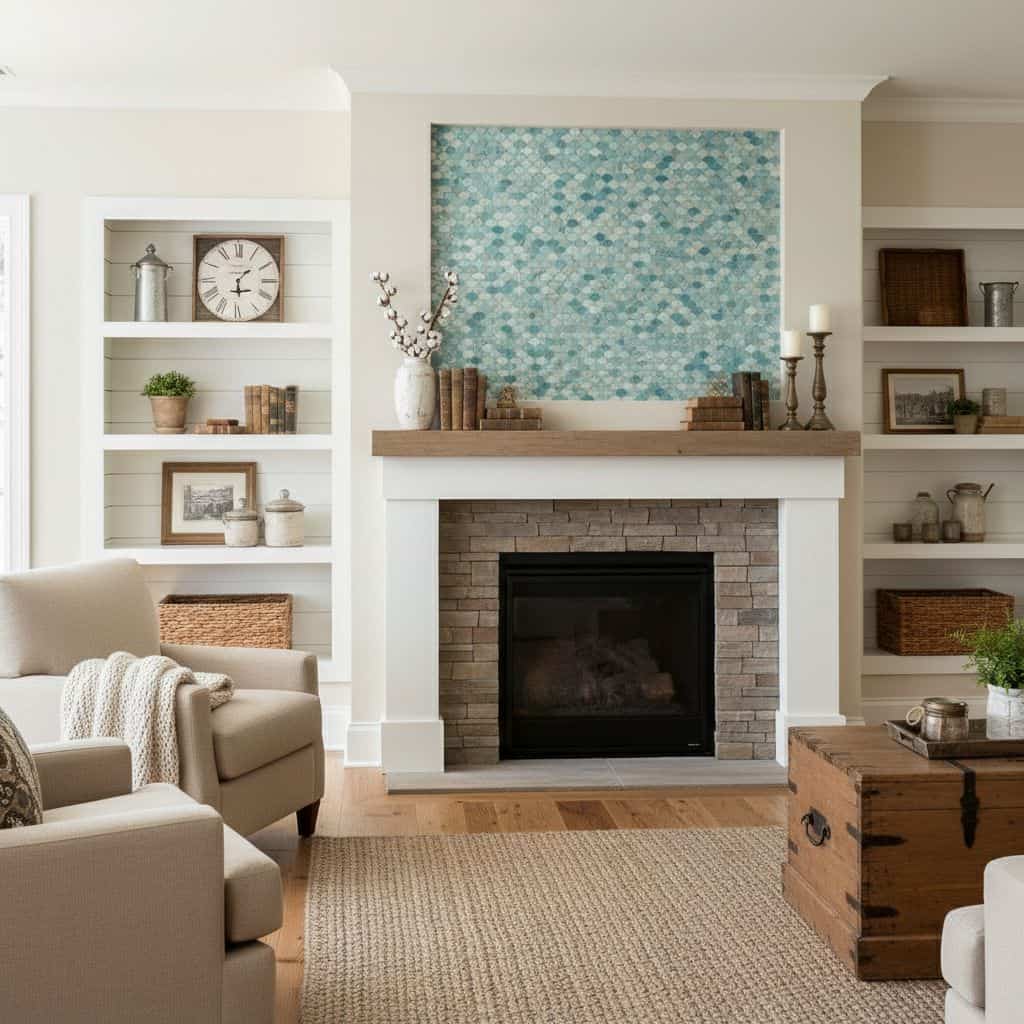 Mother of pearl shell tile above fireplace with seashell accents and books, creating a coastal-inspired living room focal poi.