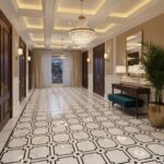White and black patterned marble tiles with a glossy finish, creating an elegant and sophisticated look.