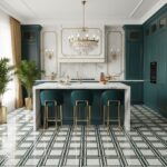 Blue and white patterned ceramic tiles with a glossy finish, complementing the blue cabinetry and marble countertop.