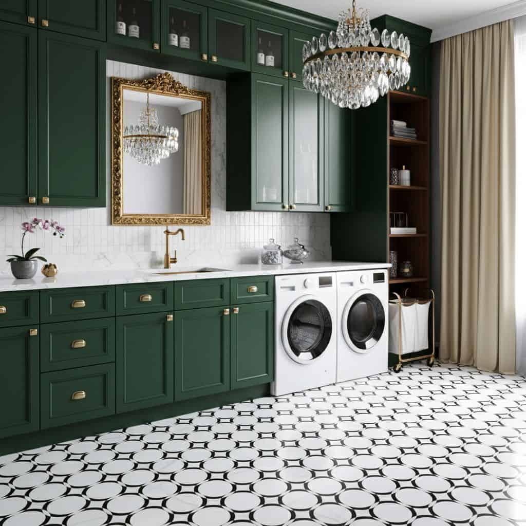 Green cabinets with gold handles, white countertop, and black-and-white patterned tile floor.