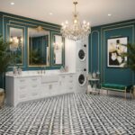 Teal wall tiles with gold trim, black and white patterned floor, and elegant decor.