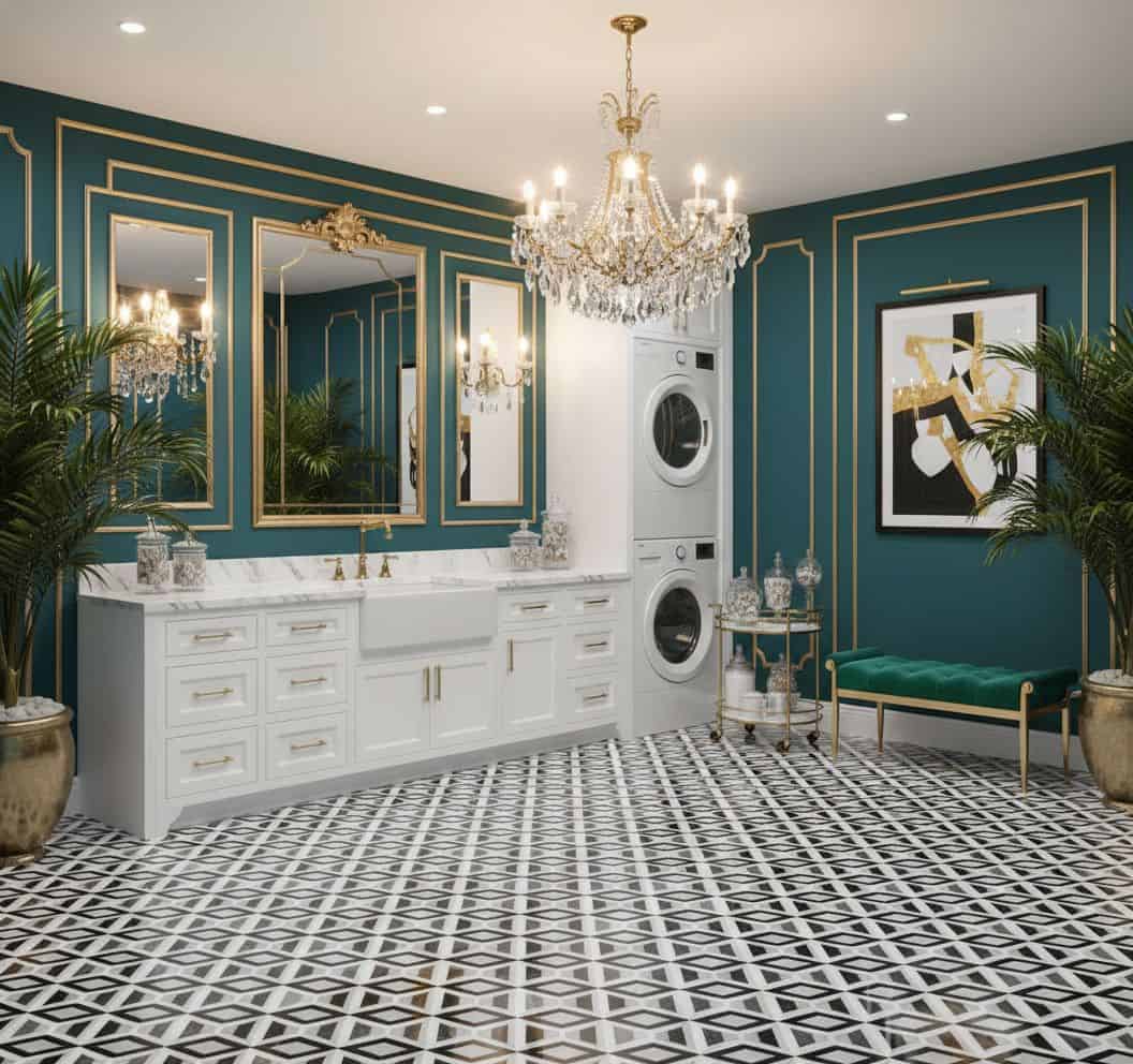Teal wall tiles with gold trim, black and white patterned floor, and elegant decor.