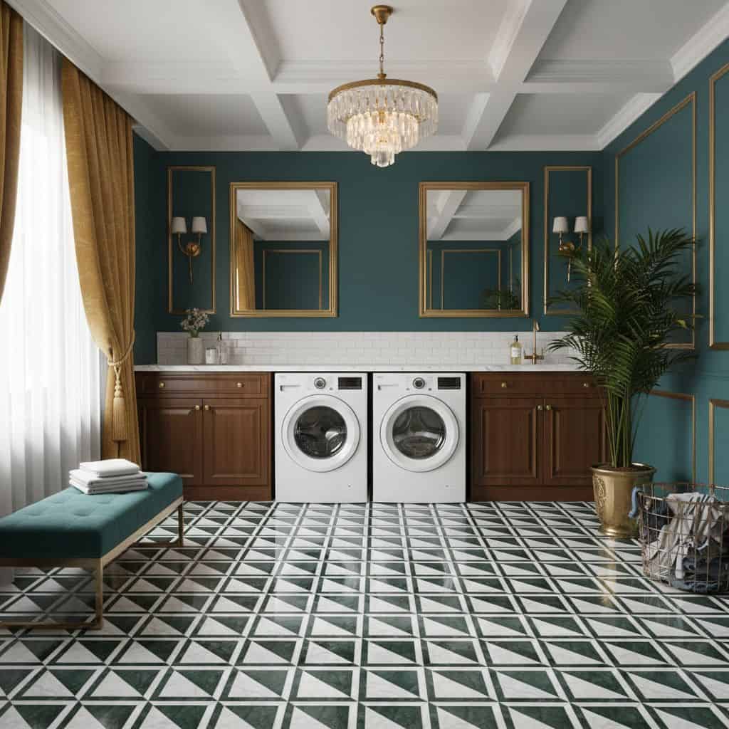 Bright green and white geometric patterned tiles with a matte finish, complementing the elegant blue and gold decor.