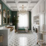 Bright bathroom featuring white and gold accents, with intricate patterned tile flooring and a sophisticated, classic decor s.
