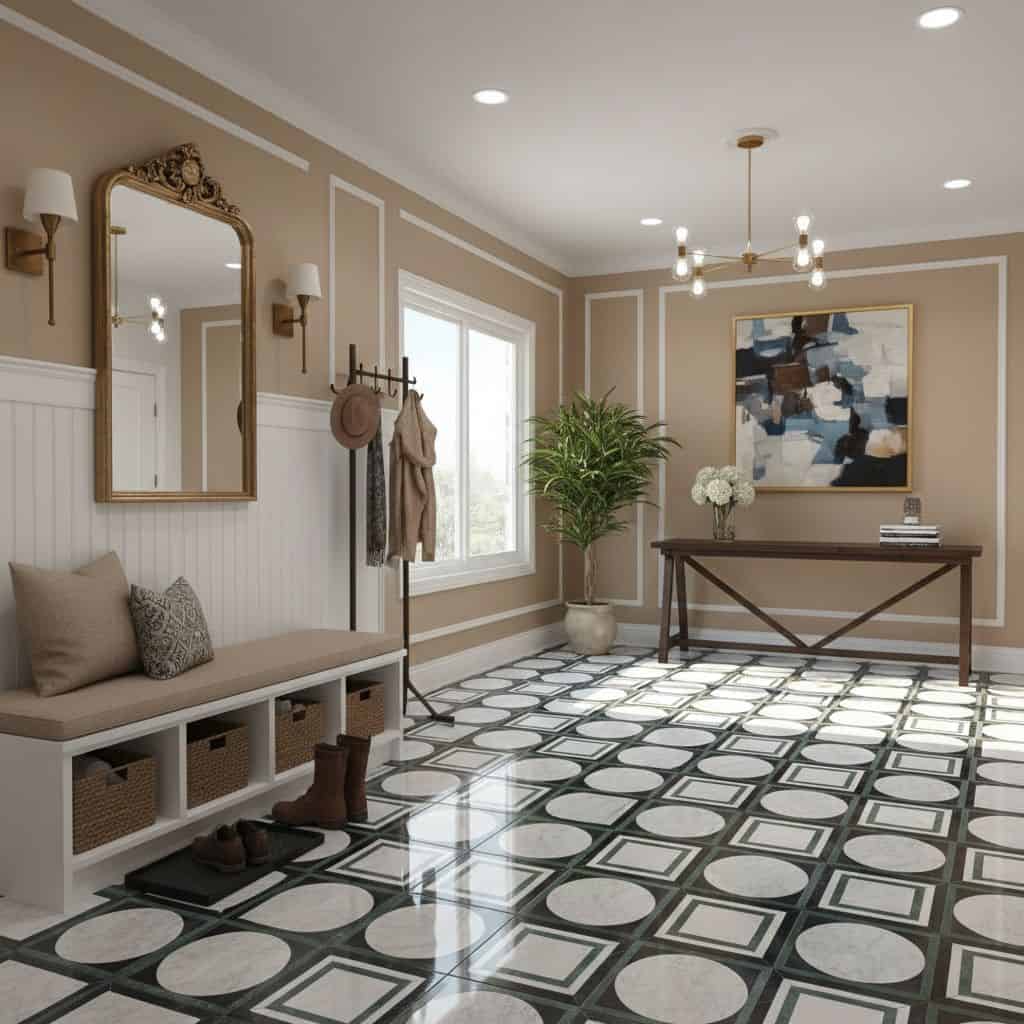 Beige and black patterned ceramic tile with glossy finish, in a bright, elegant room setting.