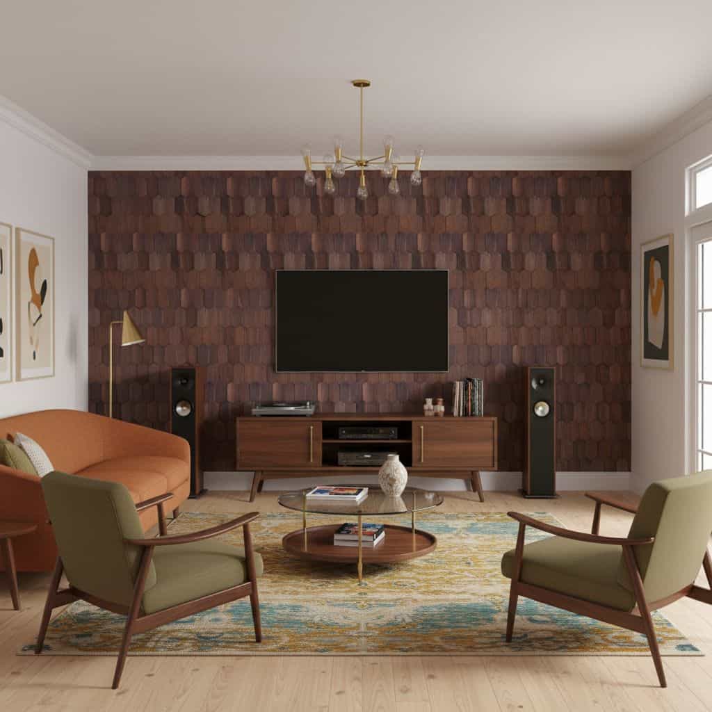 Warm brown textured shingle wall tile in a living room setting.