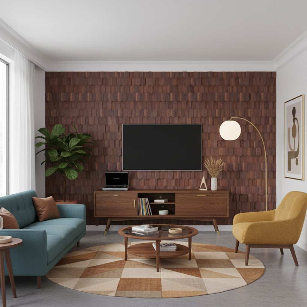 Wood tile wall with warm brown tones, textured surface, and natural finish.