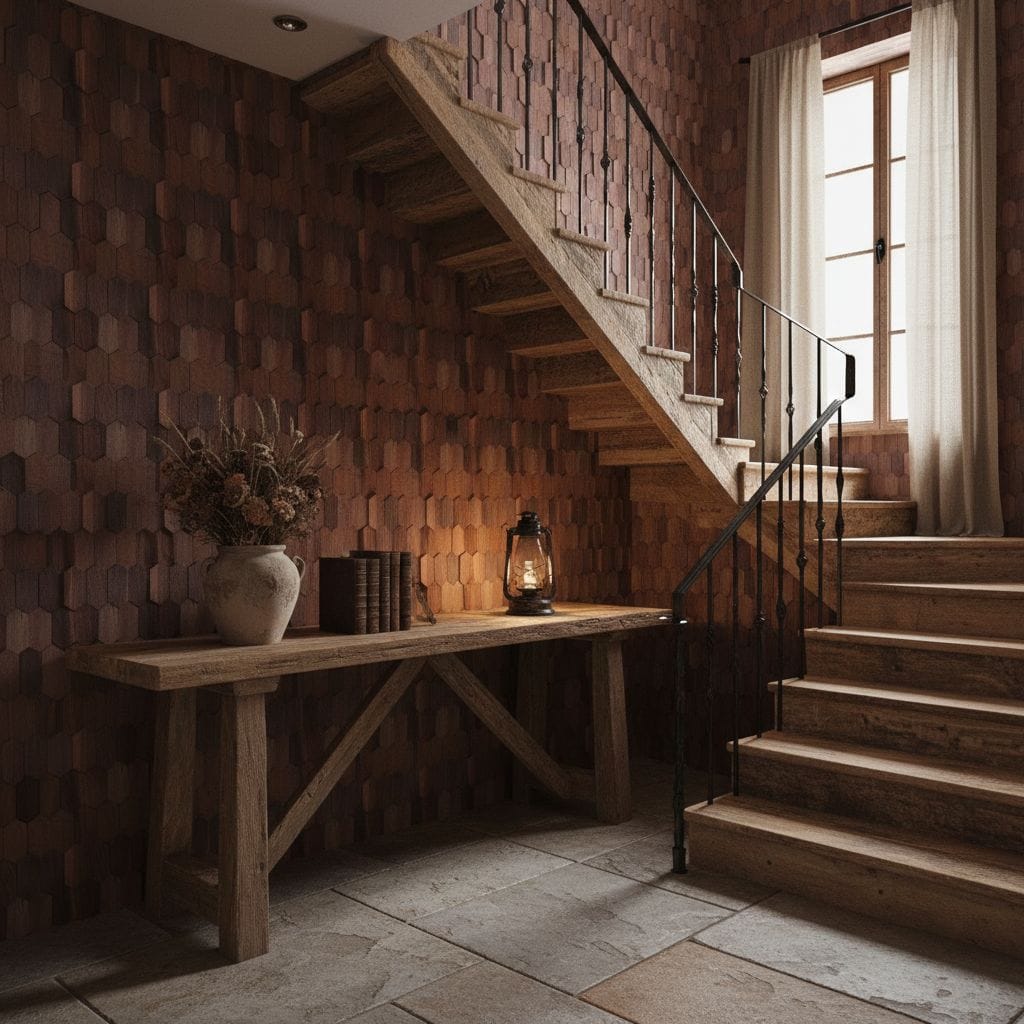A staircase with wooden steps and a textured brick wall backdrop, illuminated by natural light from a nearby window.