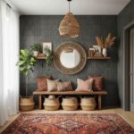 Woven rattan mirror, textured dark gray tiles, and natural fiber accents create a warm, inviting space.