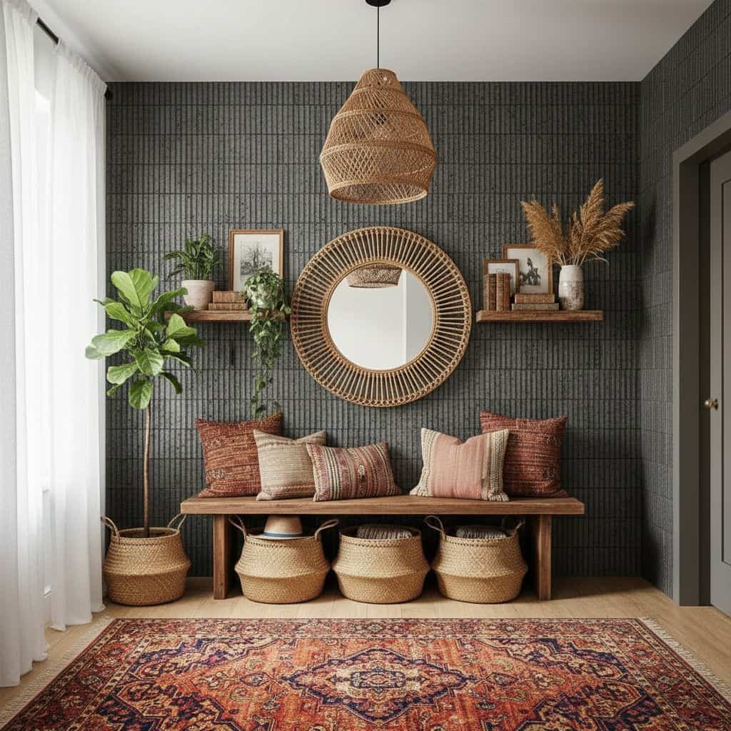 Woven rattan mirror, textured dark gray tiles, and natural fiber accents create a warm, inviting space.