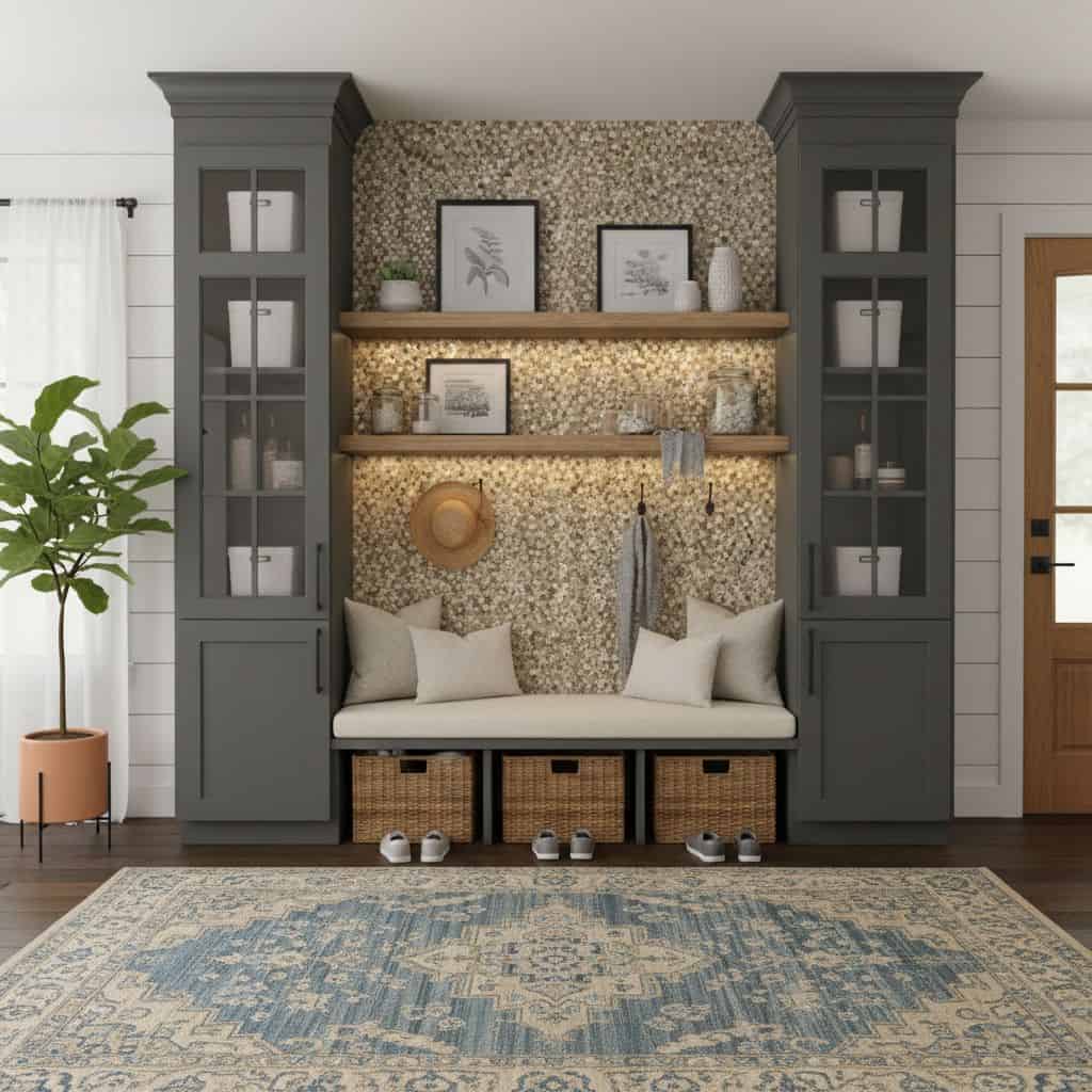 Image of a stylish entryway with peel and stick tile backsplash behind a cozy bench.