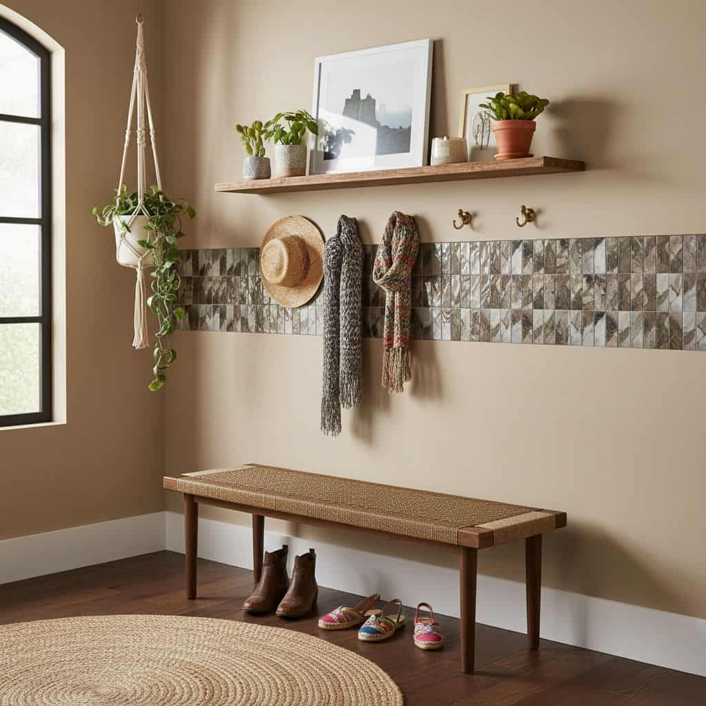 A stylish entryway featuring a decorative glass mosaic tile backsplash, a wooden bench, and hanging accessories, creating a w.