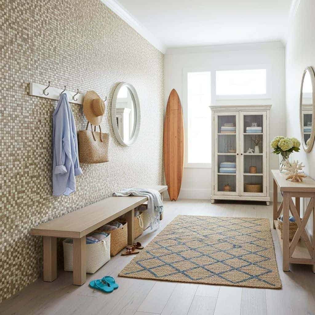 Bright entryway with peel and stick tile wall, bench, and surfboard, creating a welcoming coastal-inspired space.