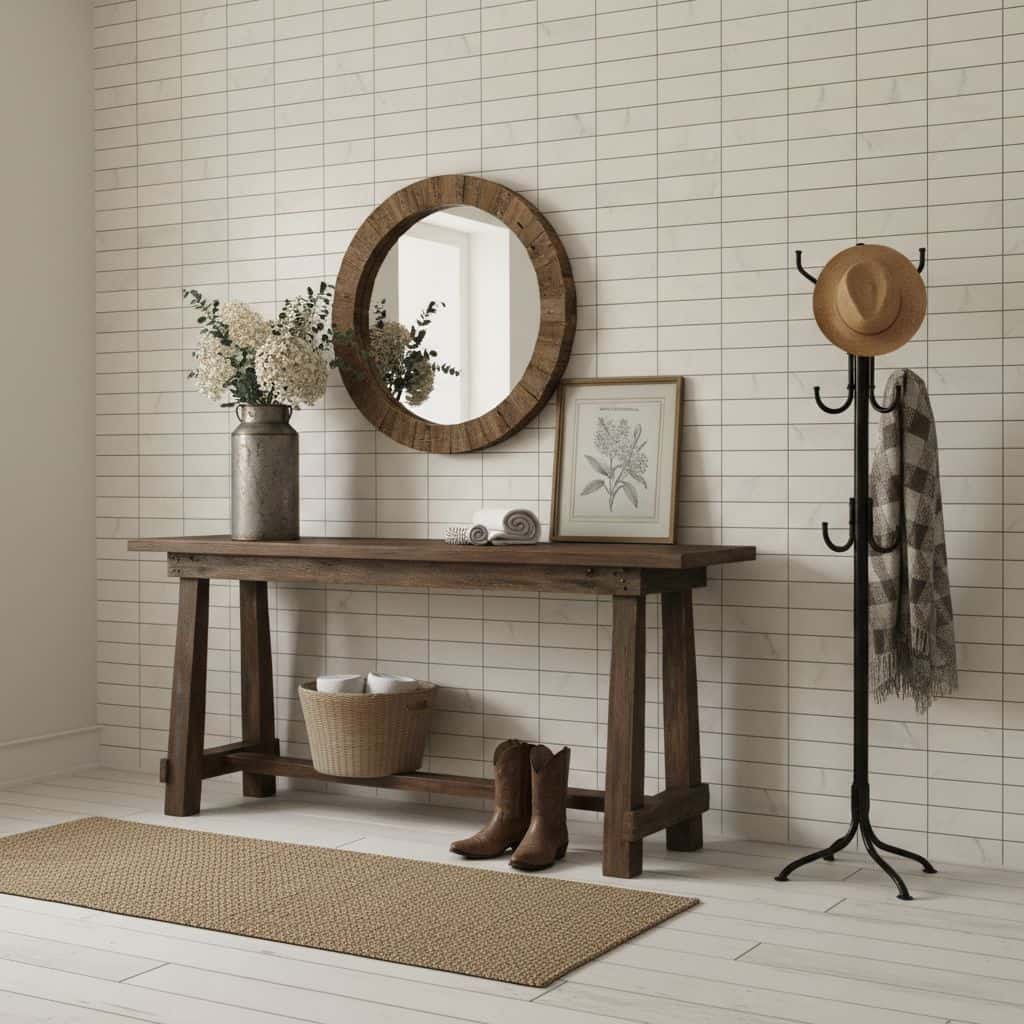 Wooden console table with a round mirror, framed botanical print, and decorative items.