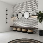Decorative peel and stick wall tile with hexagon pattern in a modern interior.
