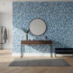 Decorative shell tile wall with mother of pearl and seashell accents.
