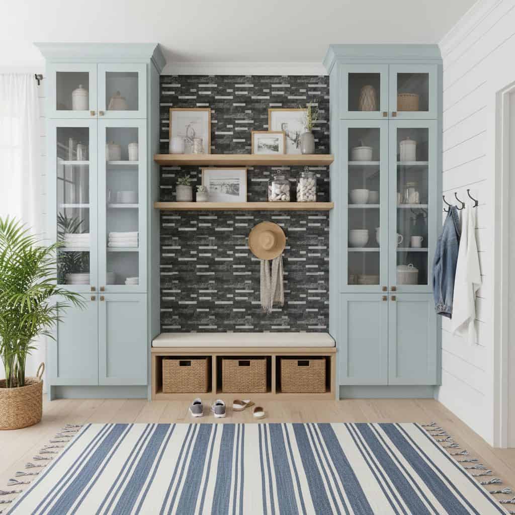 A stylish entryway with peel and stick wall tiles, cabinetry, and decorative accessories creating a modern, functional space.