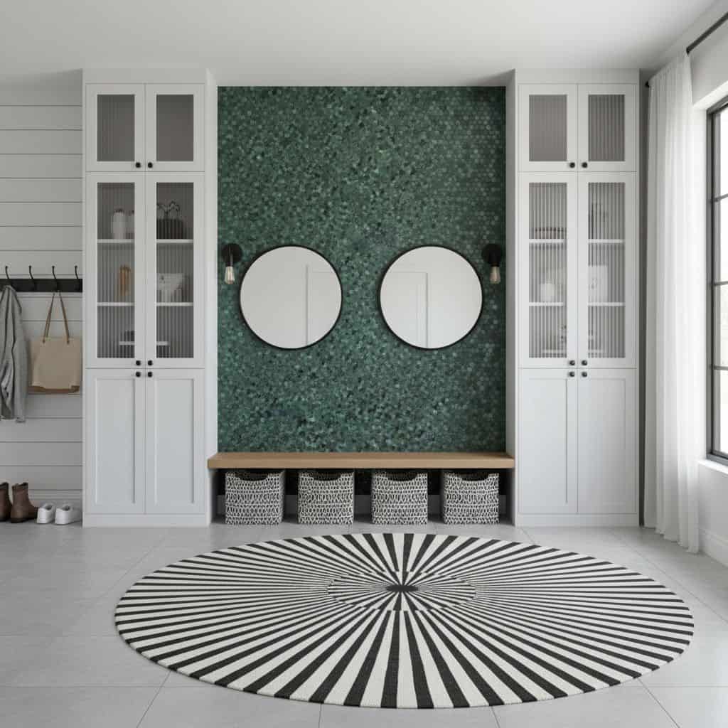 Decorative peel and stick tile wall in a modern interior setting.