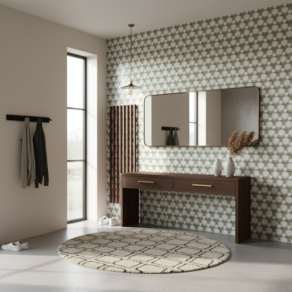 Geometric patterned tile wall with neutral tones.