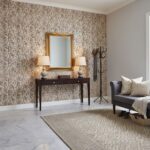 Decorative shell tile wall with mother of pearl accents in a cozy living room.