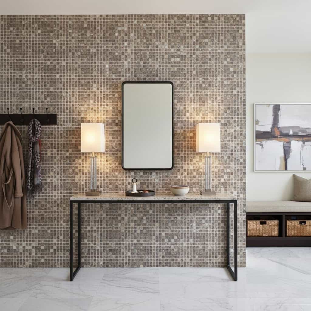 Mother of pearl shell tile wall with two lamps and a mirror, modern home interior design.