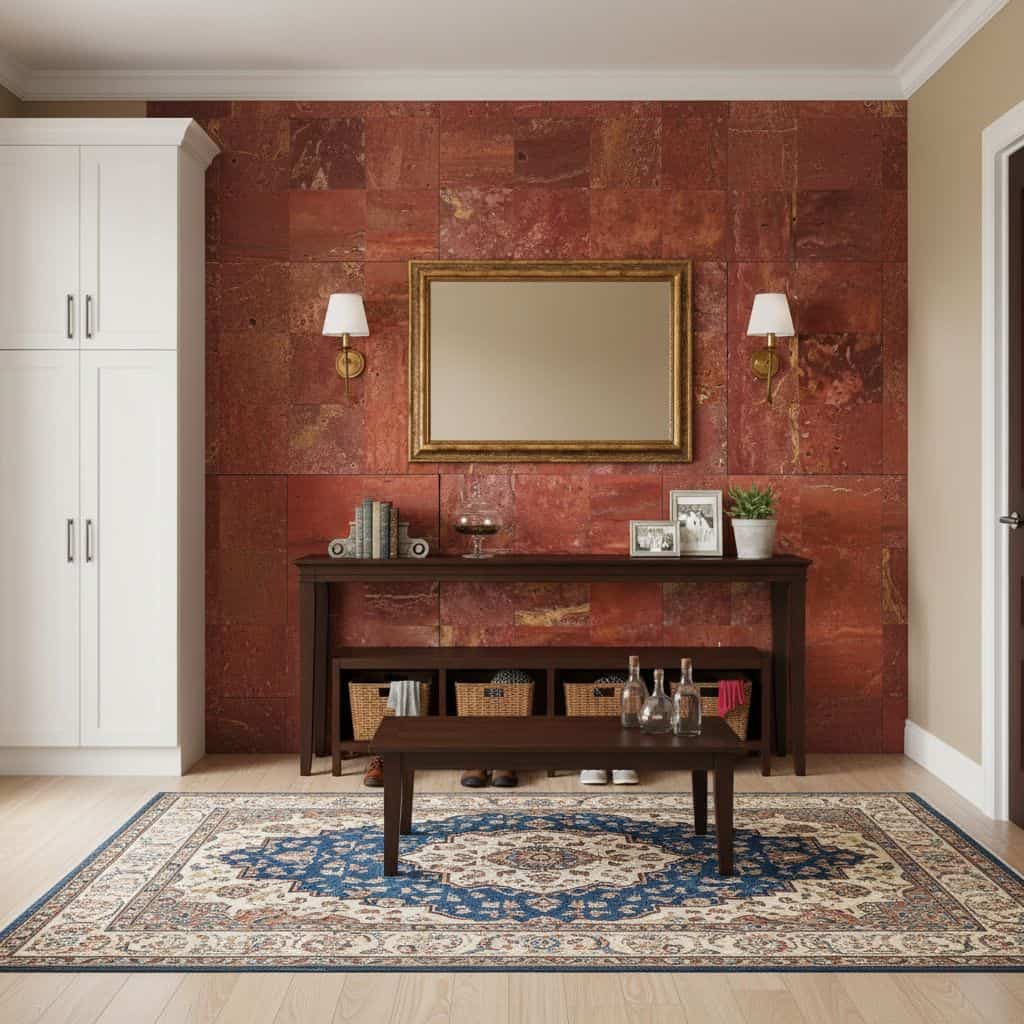 Red sandstone tile wall with a textured surface and natural stone appearance.