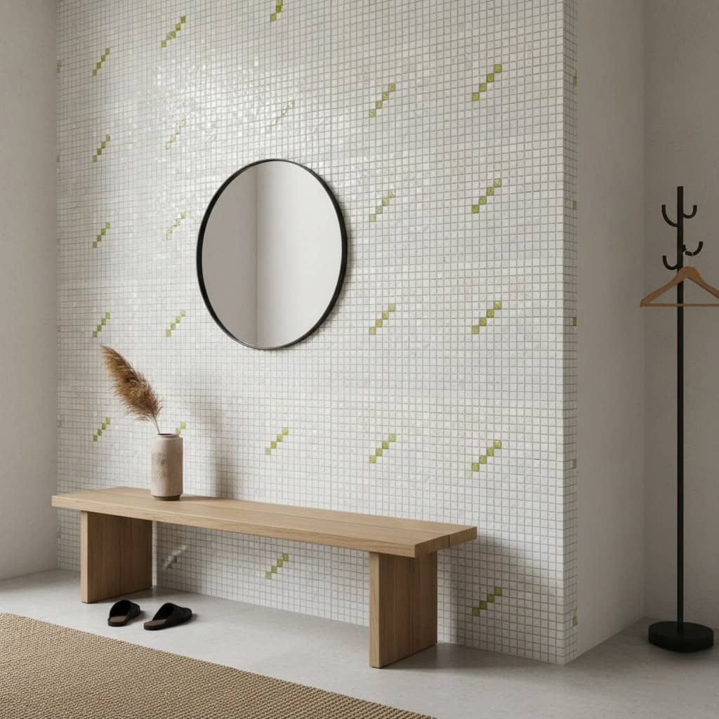 Decorative shell tile wall with mother of pearl accents and a round mirror in a modern entryway.