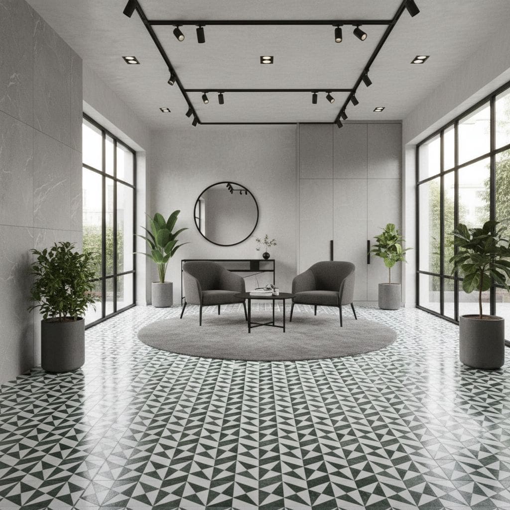 Black and white geometric patterned floor tiles with matte finish, creating a sleek and contemporary look.