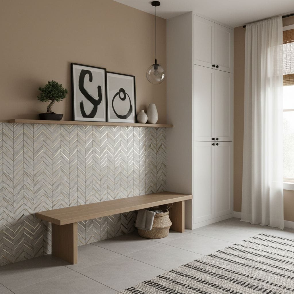 A modern interior featuring peel and stick wall tiles, a wooden bench, and minimalist decor with framed art and potted plant.
