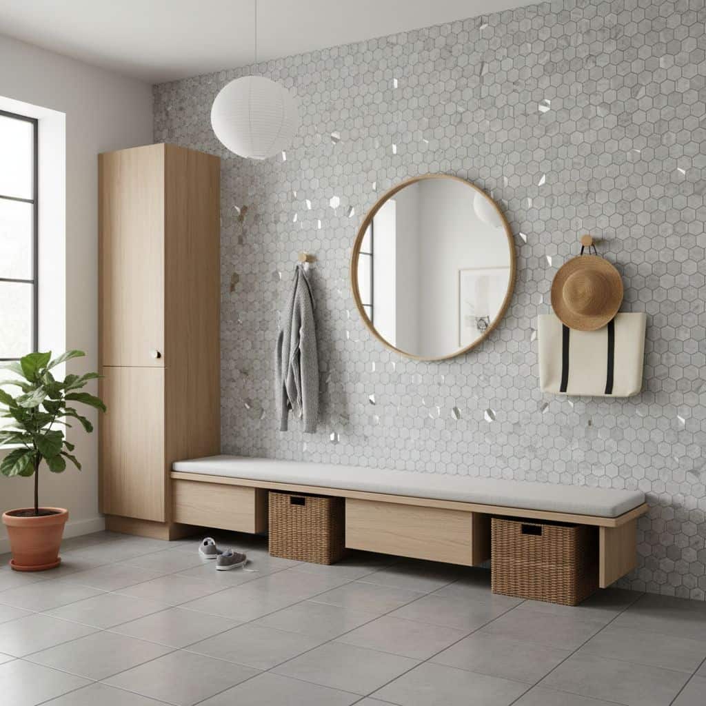 Round Mirror and Wall Hooks with Peel and Stick Tile Backsplash.